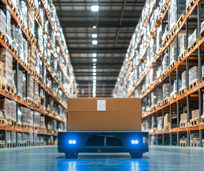 a bot alone on a warehouse floor